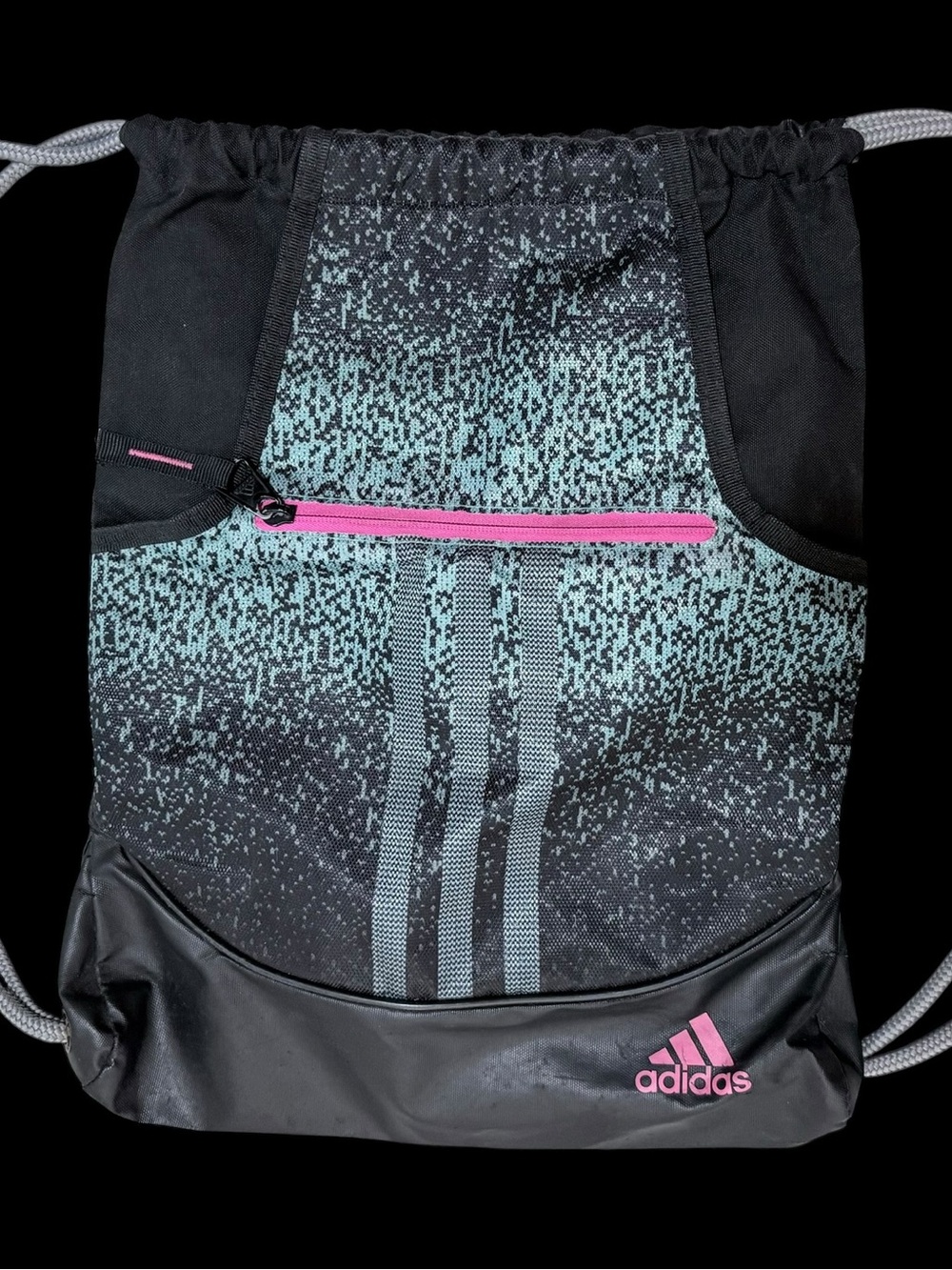 adidas Alliance Drawstring Gym Bag 15L w/ Zip Pocket Black/Gray Pink Logo